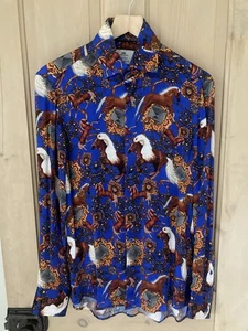 Men’s Hawes & Curtis Blue Horse Print Slim Fit Limited Edition Satin Shirt - Picture 1 of 4