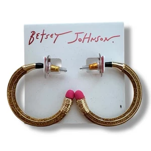 BETSEY JOHNSON Gold Glitter Pencil Shape Loop Earrings WHITE GIFT BOX FAST SHIP - Picture 1 of 3