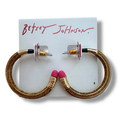 BETSEY JOHNSON 金色闪光铅笔形状环状耳环白色礼品盒快速发货 — 第 1/3 张图片