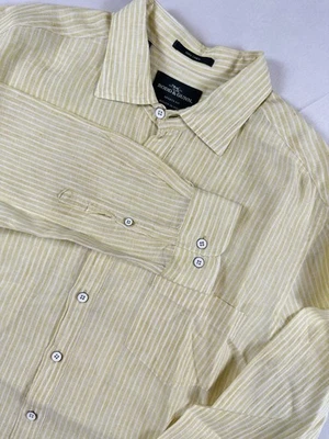 Camisa masculina Rodd & Gunn manga longa 100% linho tamanho grande listrada amarela italiana - Imagem 1 de 4