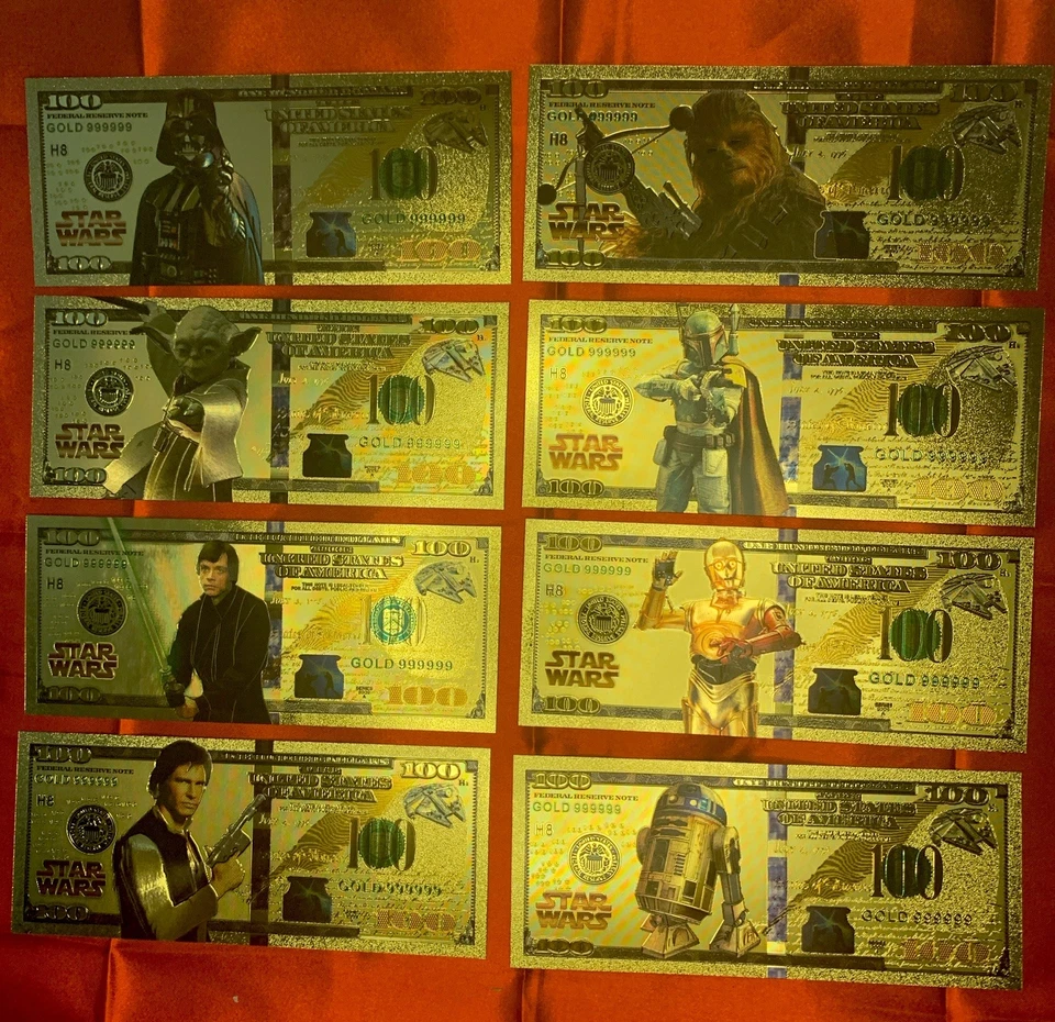 STAR-WARS $100 Bucks Gold 24k Foil nota 8 dos melhores, item de colecionador, rara - Imagem 1 de 4