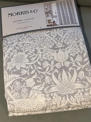 Morris & Co Strawberry Thief Shower Curtain Gray ? Floral Birds English Garden - Image 1 of 4