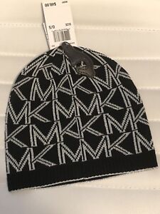 Michael Kors MK Logo Knit Beanie Designer Winter Hat Black Silver MSRP $48 NEW