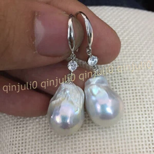 Huge 18-20mm Natural White Freshwater Baroque Pearl Dangle Crystal Hook Earrings - Picture 1 of 10