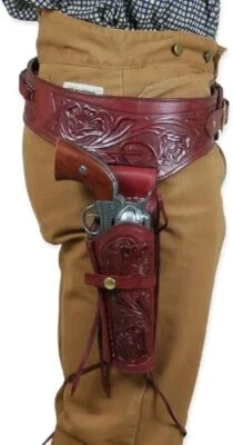 Western Leather Gun Holster Belt Tooled Fits .22 .357 .44 .45 Revolvers - Image 1 of 4