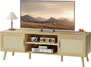 Boho TV Stand for 65 Inch TV, Entertainment Center with Adjustable Shelf, Rattan - Picture 1 of 9