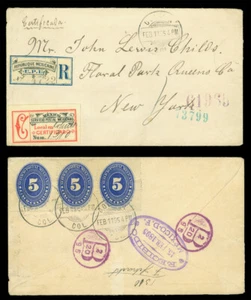 MEXICO 1895 Numerals 5c blue strip of 3 on REGISTERED cover to NY + UPU R label - Picture 1 of 3