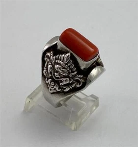 Vintage Tibetan Red Coral Sterling Silver Ring Size 9 - Picture 1 of 8