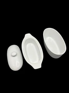 3 piece Butter Boat Dish Chilling Bowl White Porcelain Lidded Set 8.5" Farmhouse - Picture 1 of 11