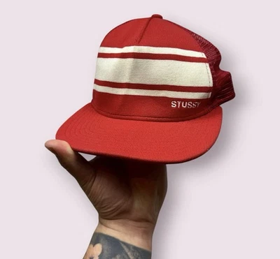 Men’s Stussy Stadium Knit SnapBack Trucker Hat Red Spellout - Image 1 of 4