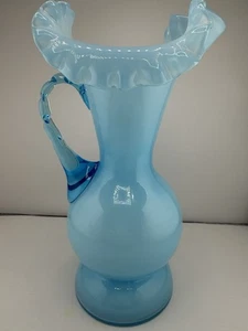 Vtg Fenton Light Blue Ruffle Pitcher Applied Handle - Picture 1 of 7