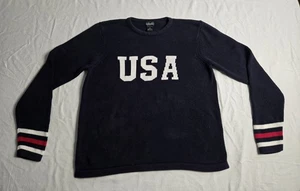 RAFAELLA Sweater Women's M Blue USA Spelled Out Cotton Vintage Striped Sleeves  - Picture 1 of 5