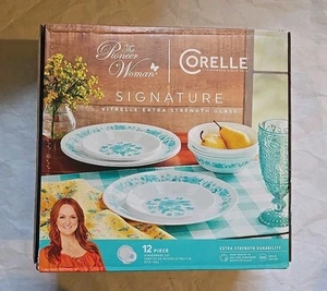 New The Pioneer Woman by Corelle 12-Piece Dinnerware Set, Evie, Teal - Picture 1 of 6