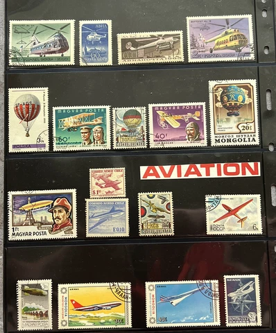 WORLDWIDE AVIATION STAMP LOT ON STOCK SHEET PLANES, HELICOPTERS, HOT AIR BALLOON Cover