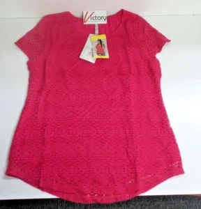 NEU Leo & Nicole Jubiläumsshirt mit Spitzen-Overlay für Damen | 113135 Rosa | Kurzarm - Bild 1 von 5