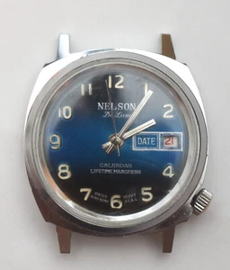 MENS VINTAGE 1960'S NELSON SWISS MOVEMENT WATCH DAY DATE COBALT DIAL NEEDS WORK - Picture 1 of 5