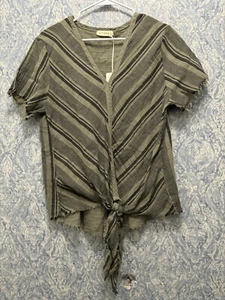 Women's Stark Cotton Linen Blend Blouse Cropped Tie Waist Shirt Size Medium - Picture 1 of 7
