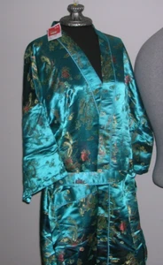 #R Vintage Oriental Silk Satin Brocade Kimono Robe One Size Dragon Motif NWT - Picture 1 of 9