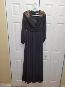 Ieena Mac Duggal Black Plunge Neck Empire Waist Beaded Shoulder Gown Size 2 - Picture 1 of 10