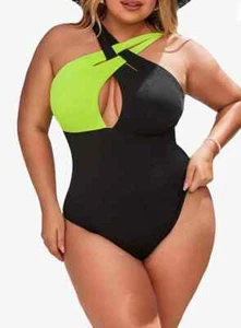 SHEIN Gr. 3XL Einteiler Badeanzug Color Block neongrün/schwarz vorne gekreuzt - Bild 1 von 6