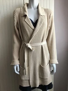 90’s Vintage St Michael Long Beige Cotton Wrap Cardigan With Waist Ties Size 10 - Picture 1 of 21