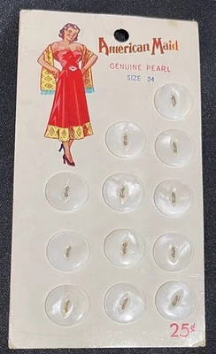 Vtg AMERICAN MAID Genuine Pearl Buttons 12 New On Card Sexy Graphics - Image 1 of 3