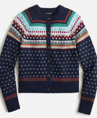 J. Кардиган CREW Fair Isle из смеси вишневой овечьей шерсти темно-синий размер M - Изображение 1 из 4