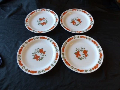 VINTAGE 4 ASSIETTES PLATES ARCOPAL FRANCE DECOR FLEURS ORANGE ANNEE 70 - Photo 1/4