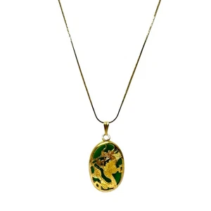 Vtg Gold Tone Green Glass Oval Cabochon Seahorse Pendant Necklace - Picture 1 of 9
