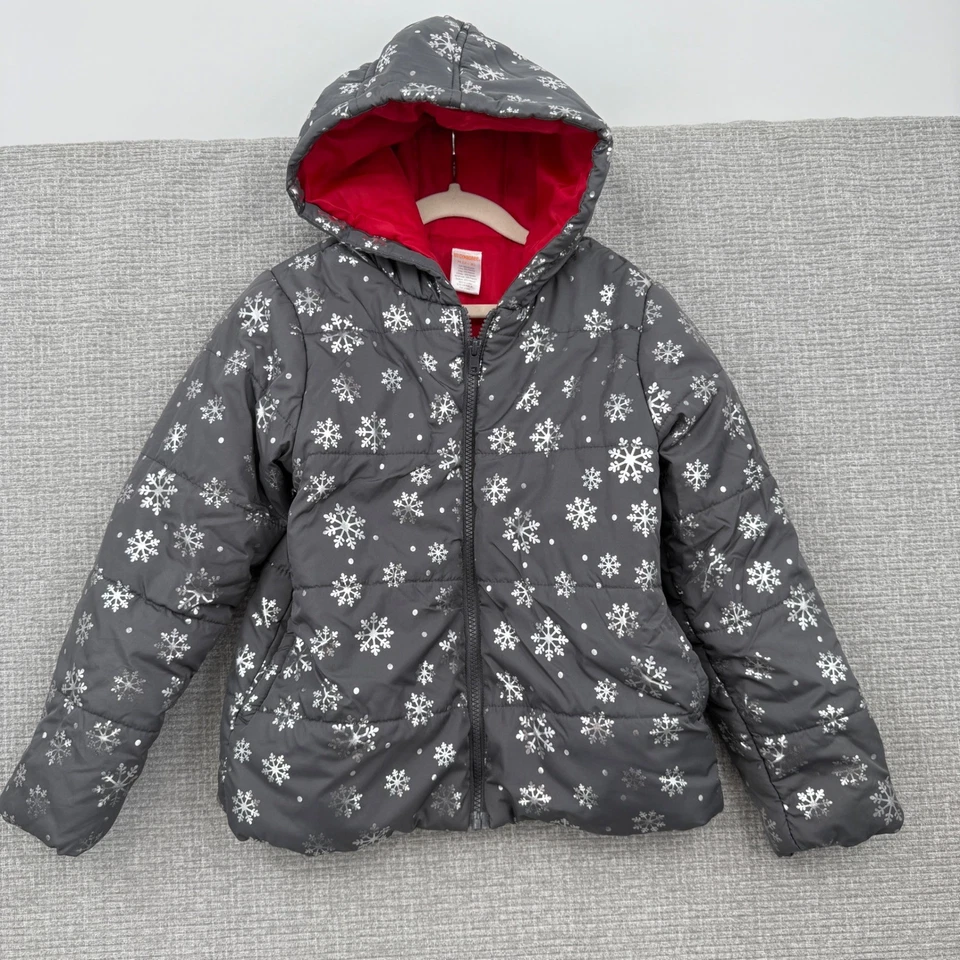 Gymboree Girls Gray Snowflake Puffer Jacket Hooded Winter Coat Size M 7-8 - Image 1 of 4
