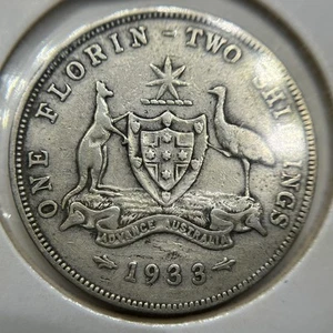 1933 Florin Coin - Fine - Scarce Date George V Silver Predecimal Australian - Picture 1 of 2