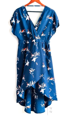 ANGIE size Medium Navy Blue Bird & Floral Print Deep V-Neck Hi-Low Dress - Image 1 of 4