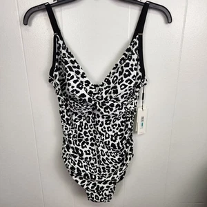 Calvin Klein Swimsuit Size 16 Black White Leopard One Piece UPF 50+ Stretch - Picture 1 of 8