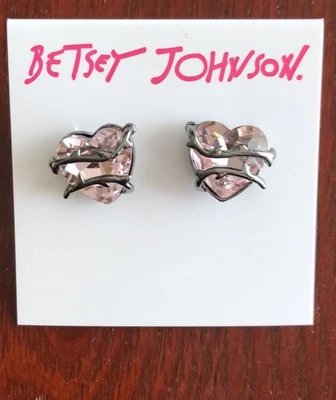 Betsey Johnson Silver Tone & Pink Crystal Thorned Heart Stud Earrings NWT - Image 1 of 4