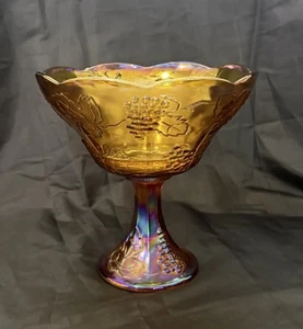 Indiana Carnival Glass Marigold Harvest Grape Compote Pedestal Fruit Bowl 8.5" - Picture 1 of 11
