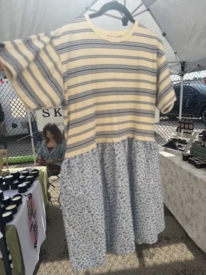 Upcycled Alt T Shirt Dress Striped Calico Floral Babydoll Skirt Size Sm/Med/Lg  - Image 1 of 2