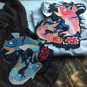 Tatuaggio portafortuna pesce koi giapponese bellissimo ferro su toppa posteriore grande ricamata XL - Foto 1 di 5
