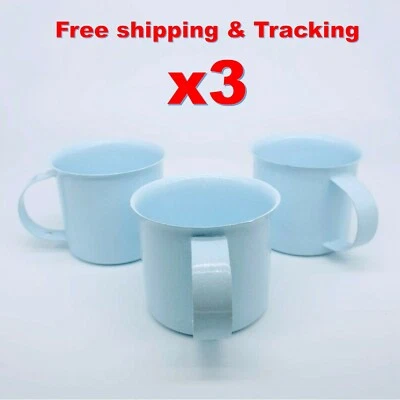 3pcs Set Enamel Coffee Cup Mug Vintage Light Blue Set Camping Mugs Enamelware 2" - Image 1 of 4