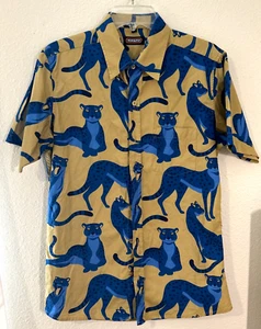 Run & Fly Short Sleeve Button Down Blue Panther Size Medium 100% Cotton Graphic - Picture 1 of 8