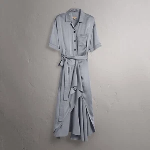 NWT Burberry 100% Silk Satin Shirt Dress Size 4 Midi High Low Waterfall Hem - Picture 1 of 20