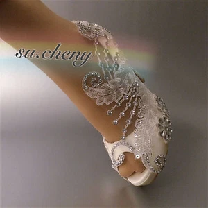 Su.cheny 3"" 4"" Tacón Satén Blanco Marfil Encaje Cristal Puntera Abierta Boda Zapatos de Novia - Imagen 1 de 14