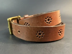 Liz Claiborne Leather Belt Womens Size Large Brass Buckle Floral Cutouts VTG 39" - Picture 1 of 11
