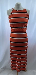 Boohoo Dress Size 10 Orange Striped Sleeveless Midi Fitted Stretch Polyester  - Picture 1 of 12