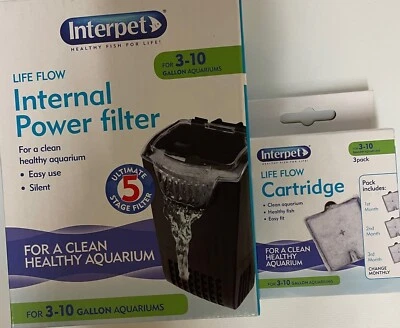 NEW Interpet Life Flow Internal Power Filter for 3-10Gl Aquarium+cartridge FREE