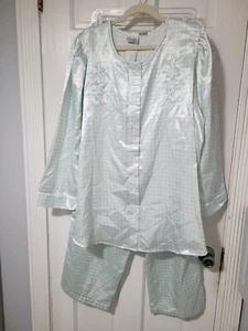 Jacquelyn Smith PJ set Vtg pale blue check SZ 1X NWT satin brushed poly/cotton - Picture 1 of 5