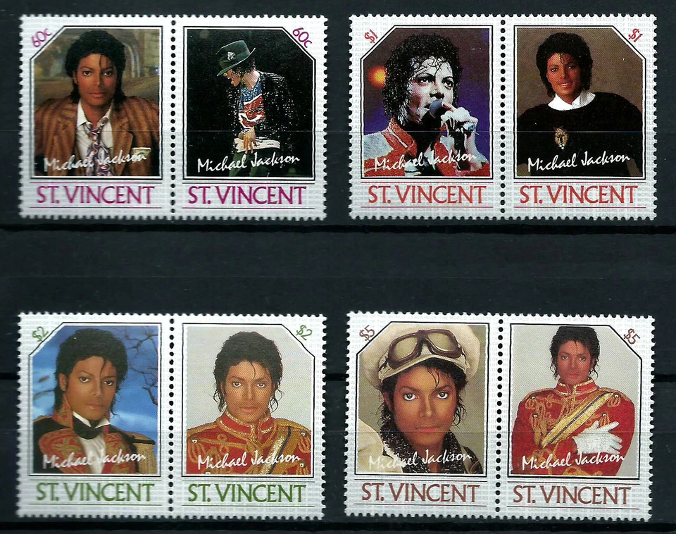 ST. VINCENT, SCOTT # 894-897, MNH SET OF 4 PAIRS - MICHAEL JACKSON, YEAR 1985 - Image 1 of 1