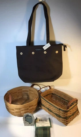 Longaberger Collection Of Tote Bag 2 Baskets Small Pewter Frame And Green Tie Cover