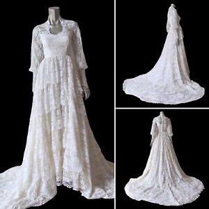 Vintage 60s Lace Tiered Ruffle Wedding Dress XS Victorian Bishop Sleeves Boho