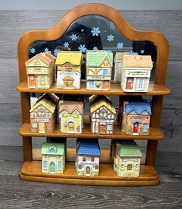 VTG 1994 RSVP Plus Ceramic Spice Jar Houses With Wooden Spice Rack~Set Of 11 - Picture 1 of 20