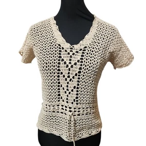 Vintage Crochet Shirt S M Cardigan Ivory Ecru Doily Scallop Loose Weave V Neck - Picture 1 of 10